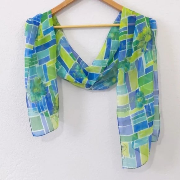 Floral & Geometric Print Sheer Scarf, Blue / Green / Gold, 61" x 12" - Picture 2 of 7